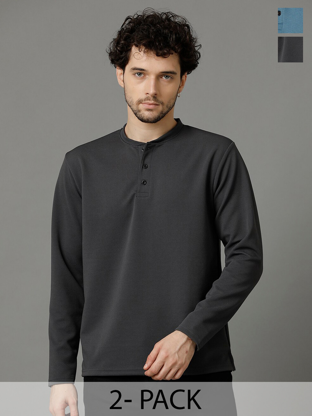 MADSTO Pack Of 2 Striped Henley Neck Long Sleeves T-shirts