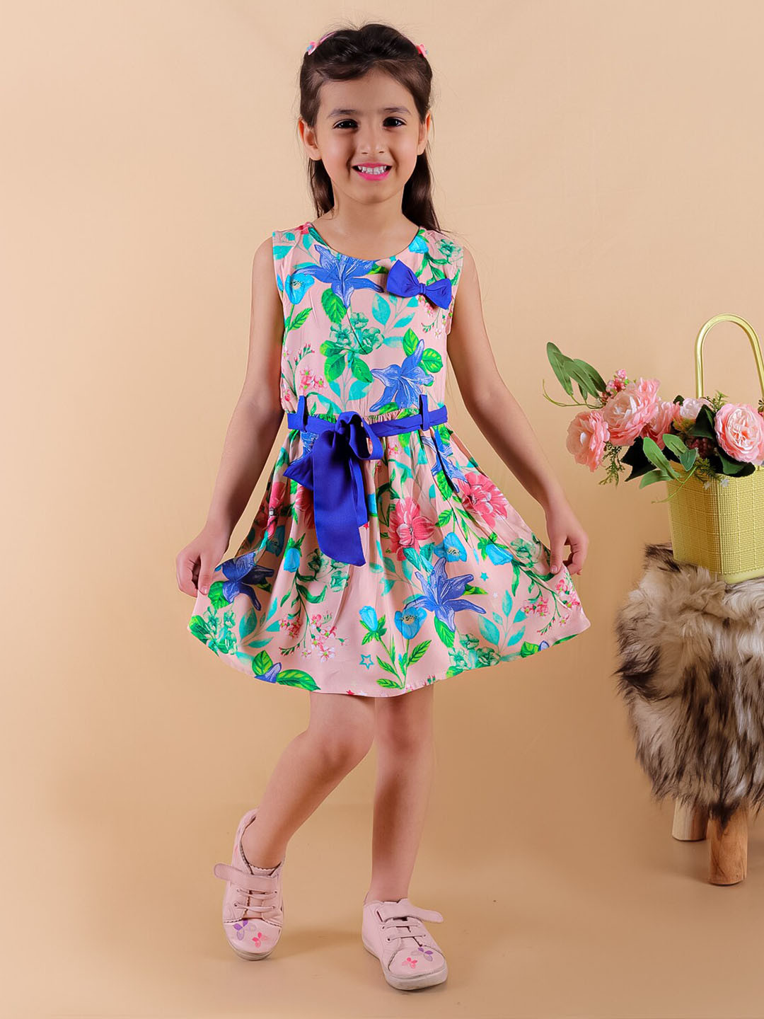 Superminis Girls Floral Printed Sleeveless Gathered Rayon Fit & Flare Dress
