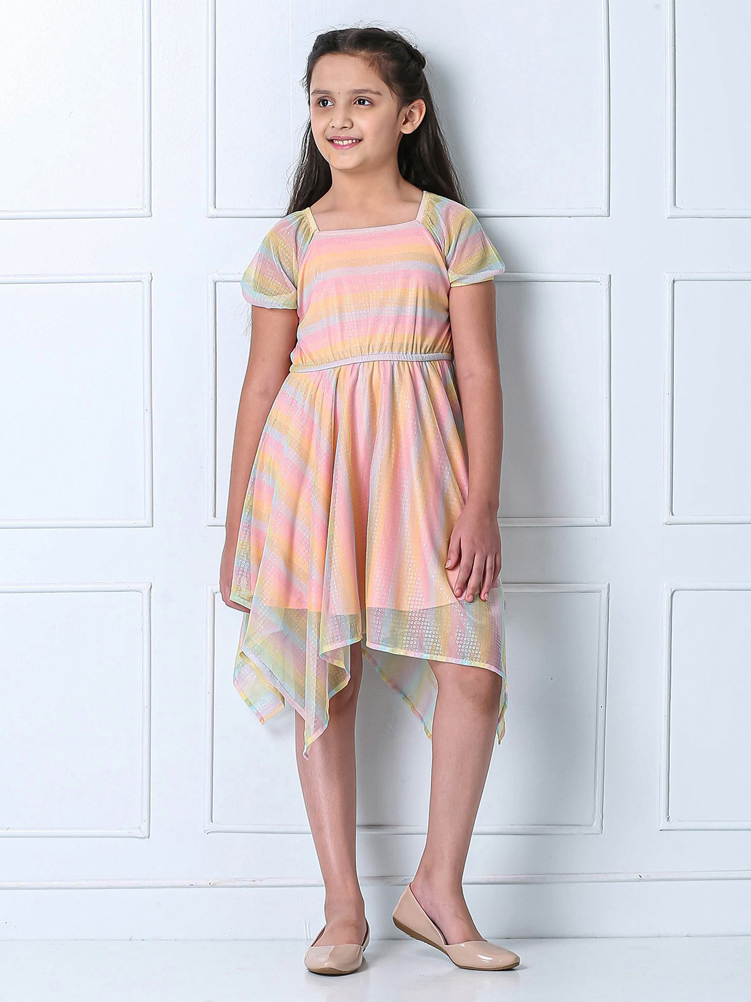 Hola Bonita Girls Self Design Cold-Shoulder Flared A-Line Dress