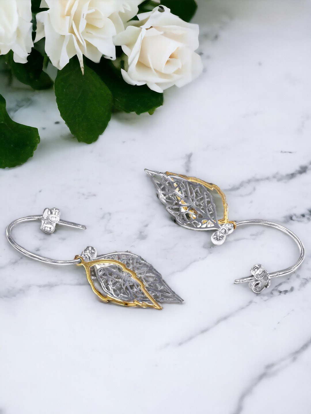 Taraash 925 Sterling Silver Gold Plated Leaf Shaped Drop Earrings