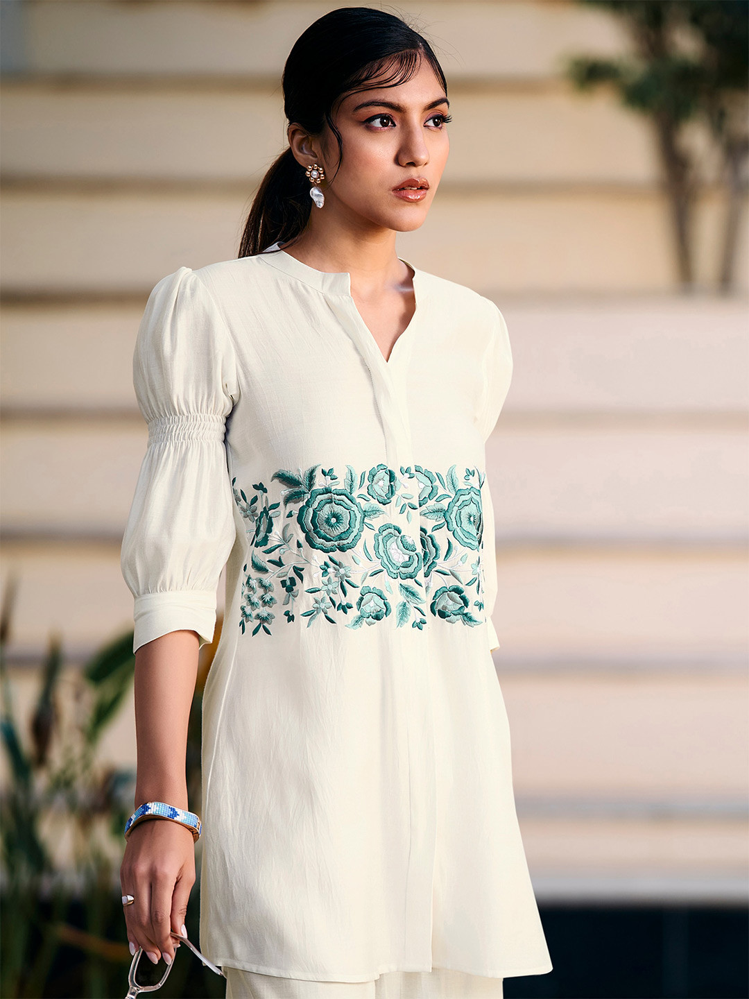 Anouk White Embroidered Top With Trousers Co-Ords