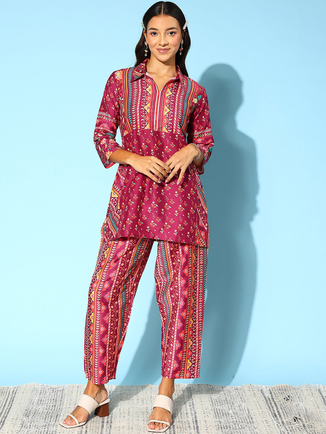 Anouk Burgundy Floral Printed Shirt Collar Tunic With Trouser
