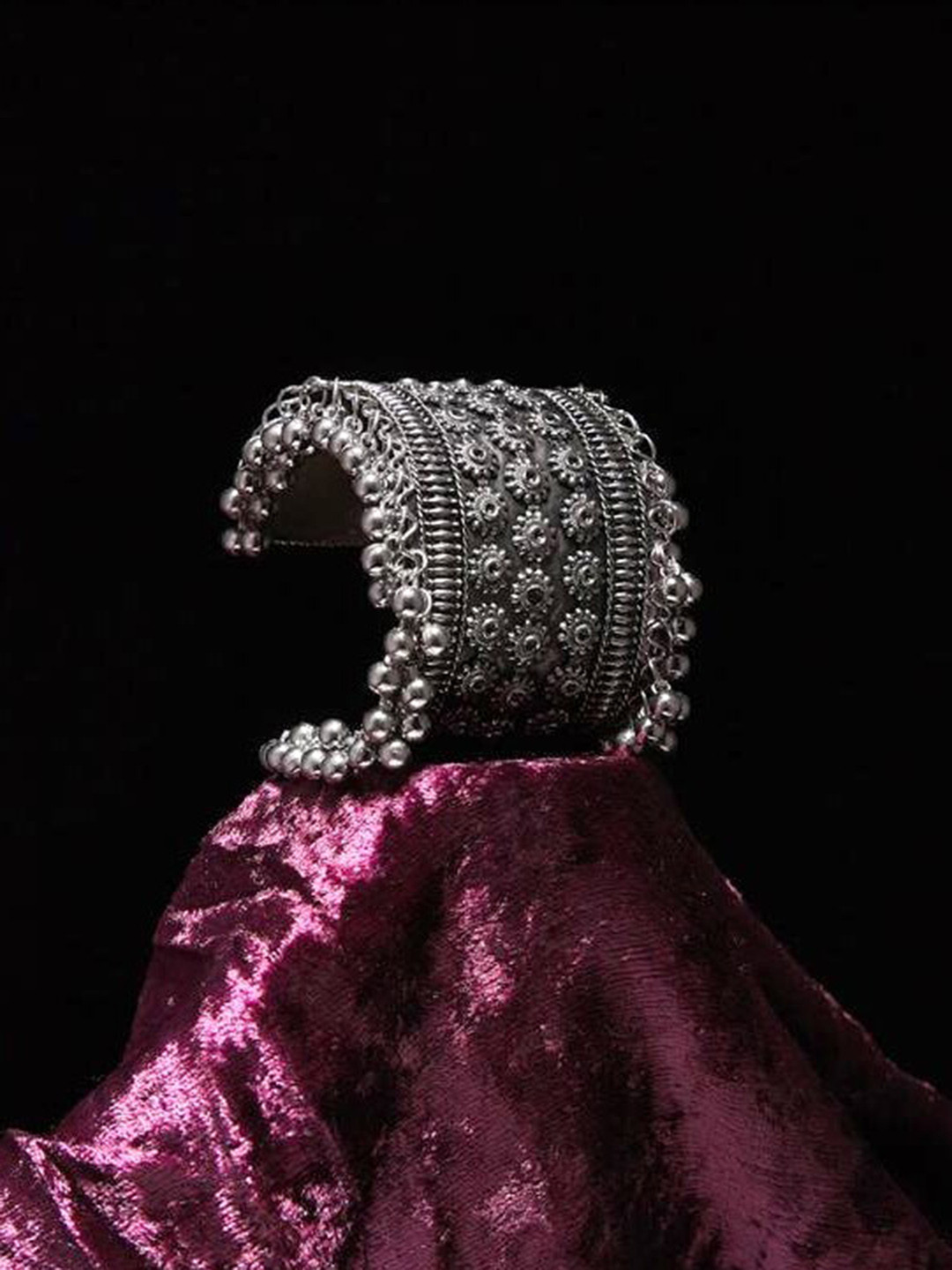ATIBELLE Silver Plated & Floral Shaped-Textured Ghunghroo Adjustable Bangle