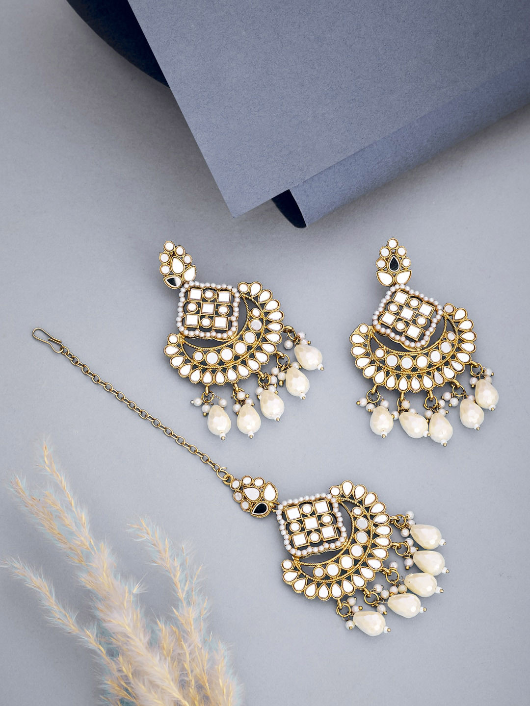 ATIBELLE Gold-Plated Mirror Stone Studded & Bedded Jewellery Set