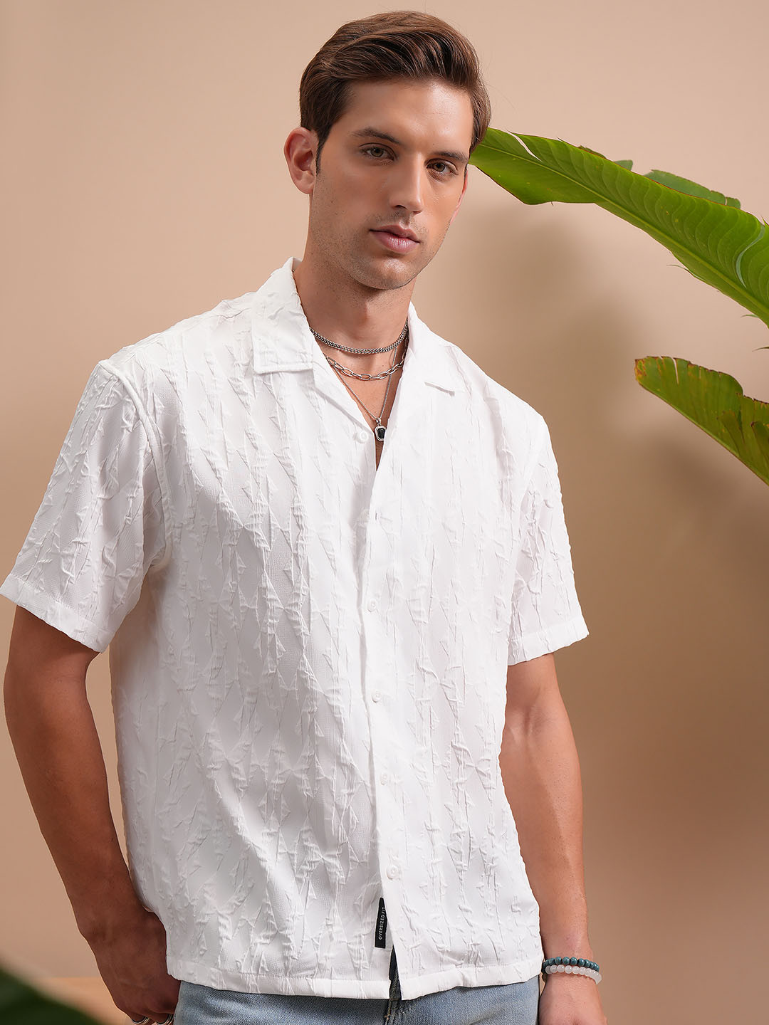 Locomotive Men White Popcorn Textured Cuban Collar Relaxed Oversized Shirt