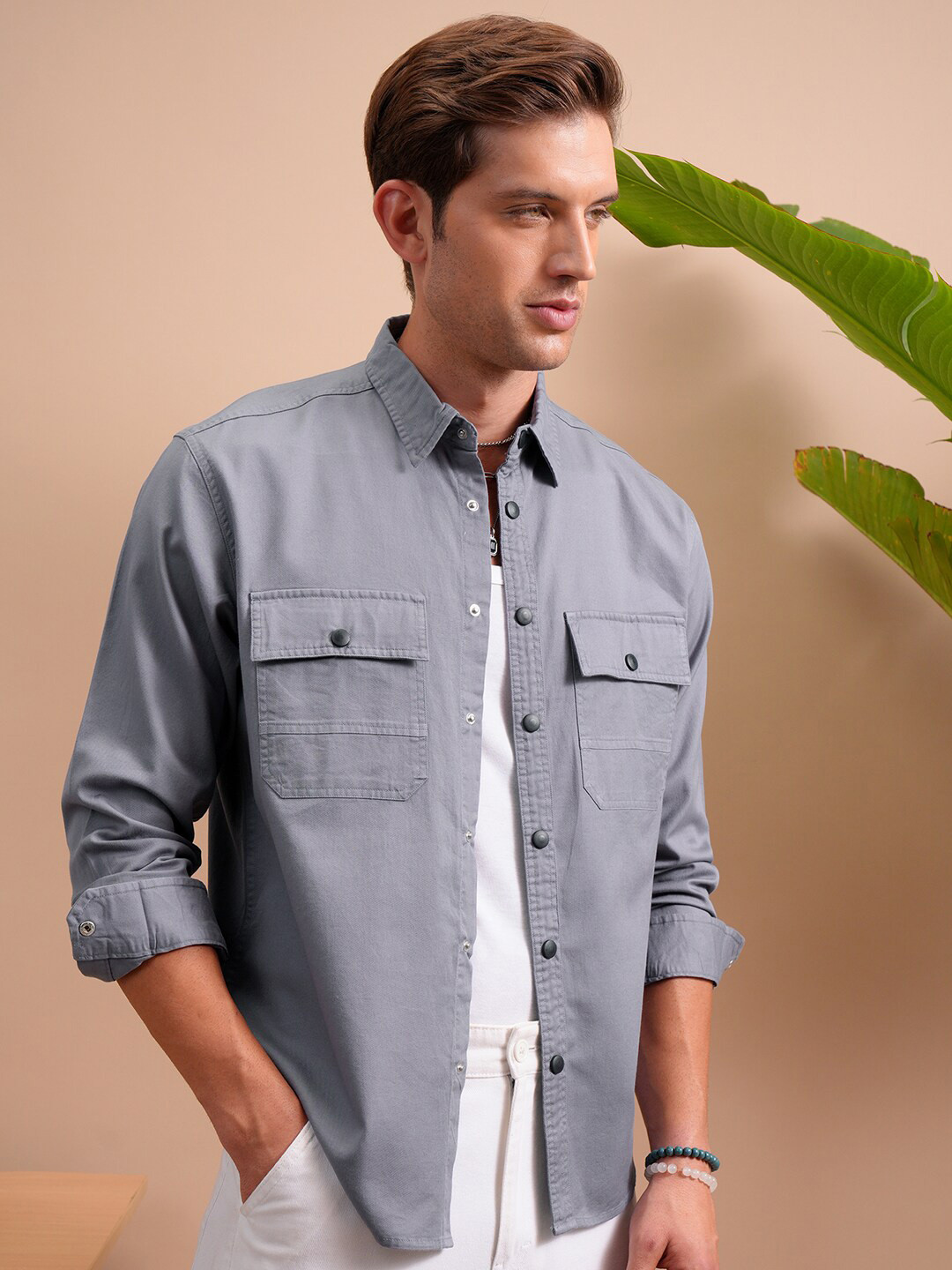 LOCOMOTIVE Slim Fit Dyed Textured Western Yoke Utility Pocket Cotton Overshirt