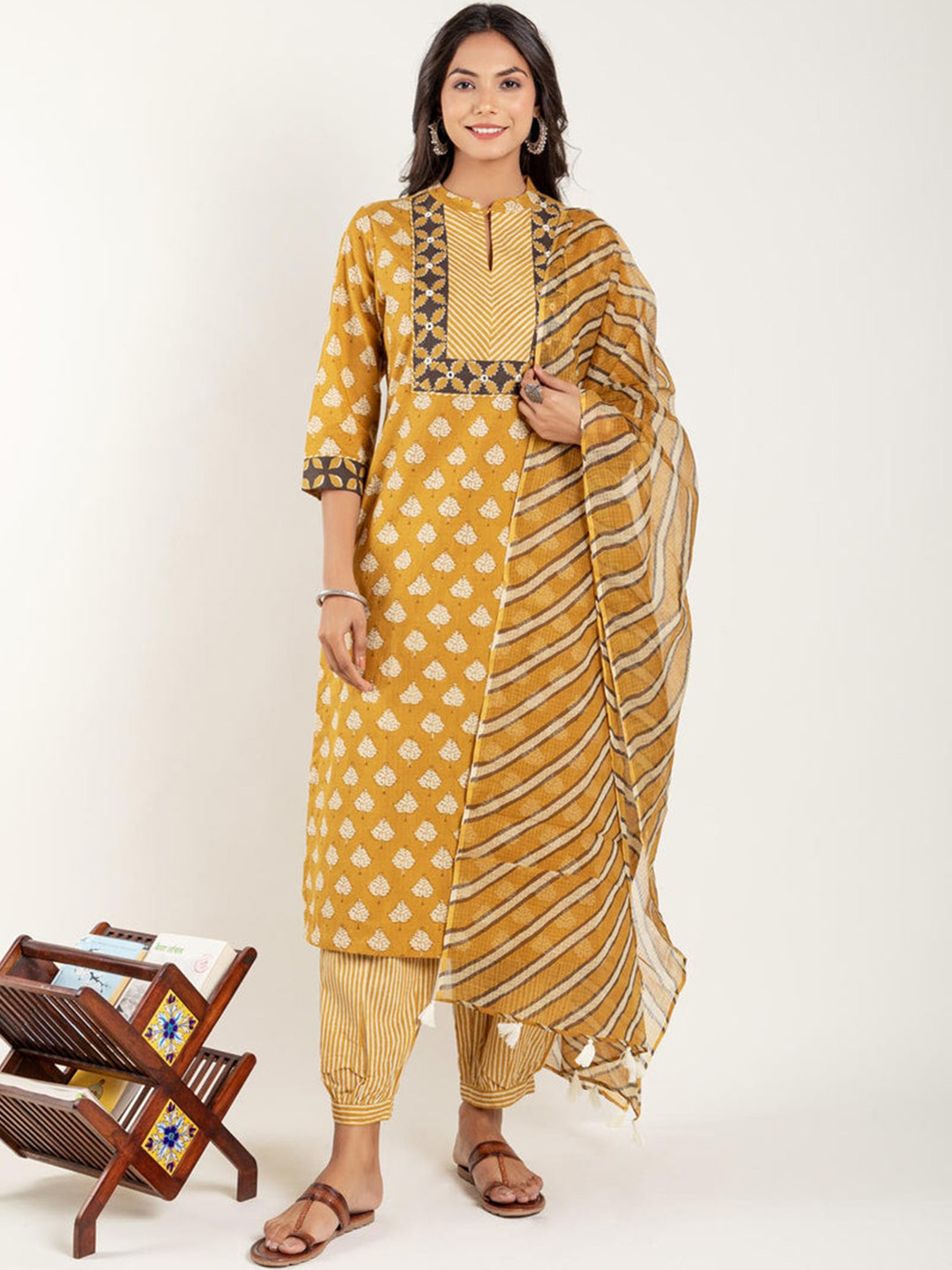 Lookmark Floral Printed Regular Mirror Work Straight Kurta With Harem Pants & Dupatta