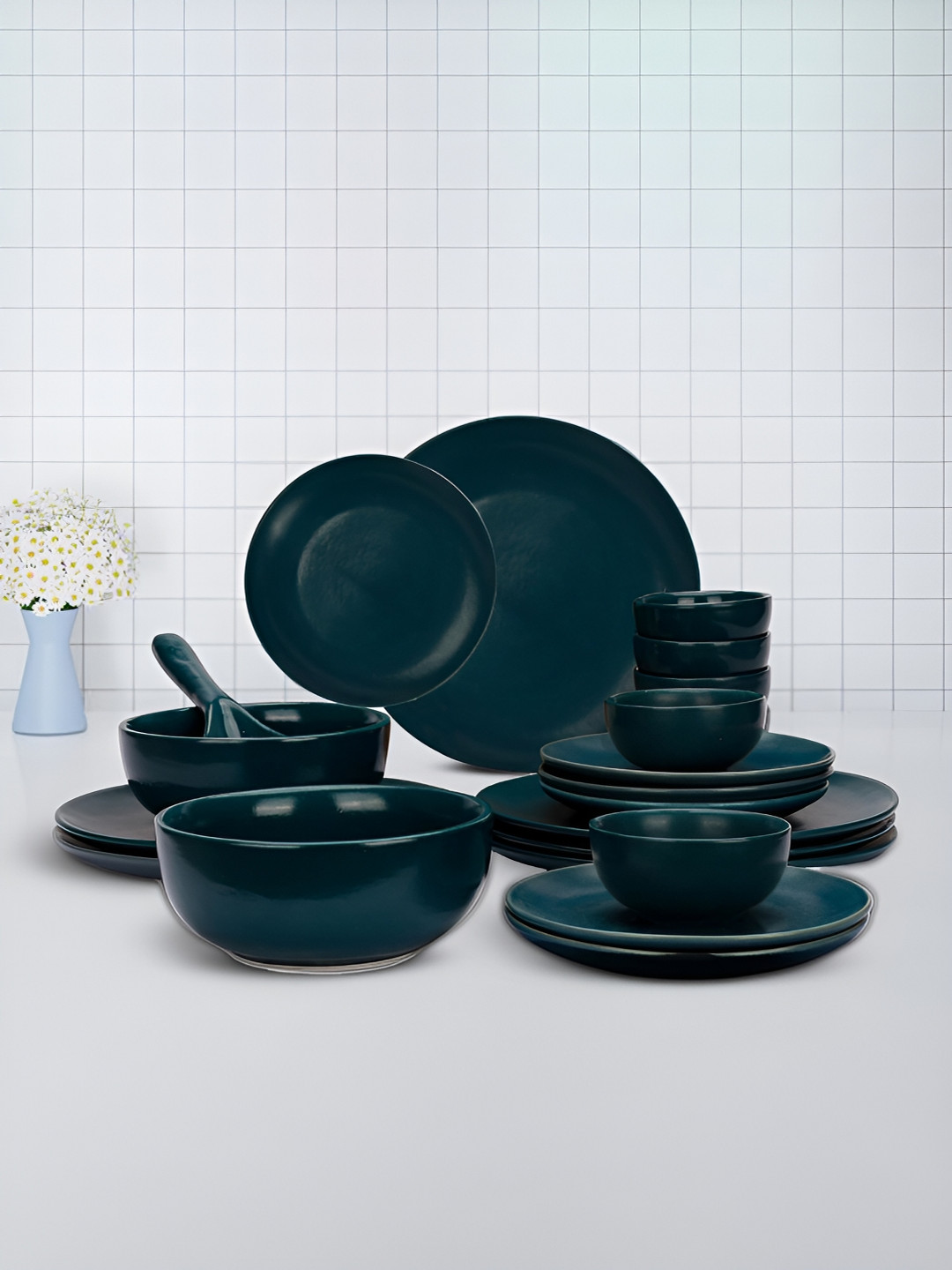 Ekhasa Teal Solid Melamine Dishwasher Safe 21 Piece Dinner Set