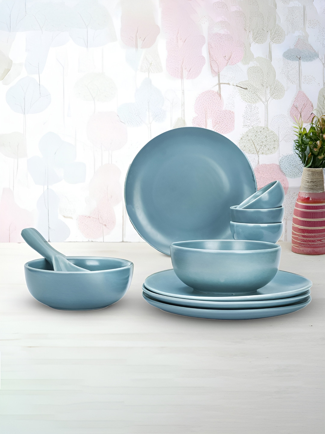 Ekhasa Blue Solid Ceramic Microwave Safe 11 Piece Dinner Set