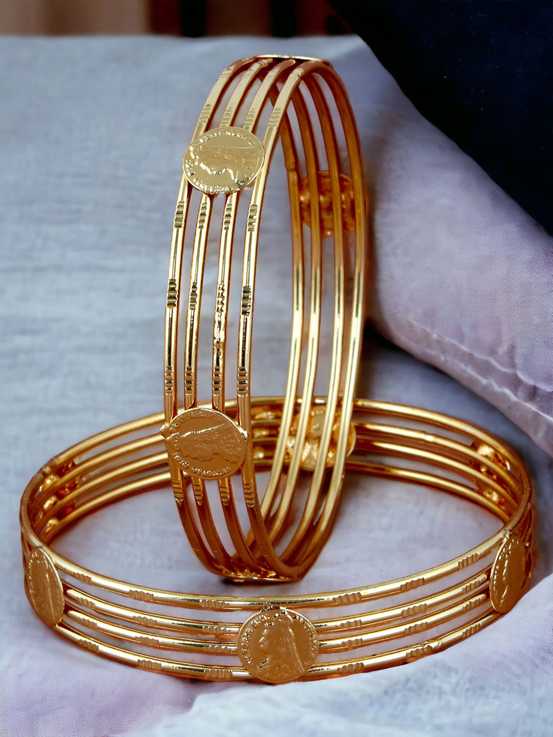 LUCKY JEWELLERY Set Of 2 Gold-Plated Victoria Coin Bangles