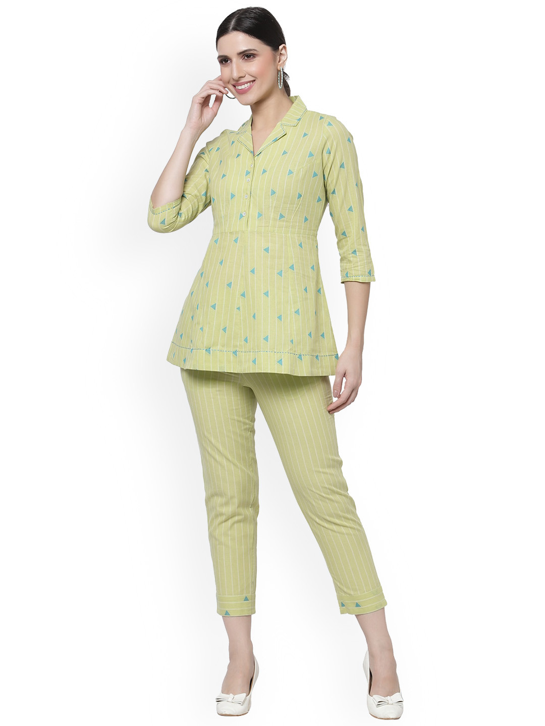 KALINI Nimbu Pani Striped Cuban Collar Pure Cotton Top With Trousers