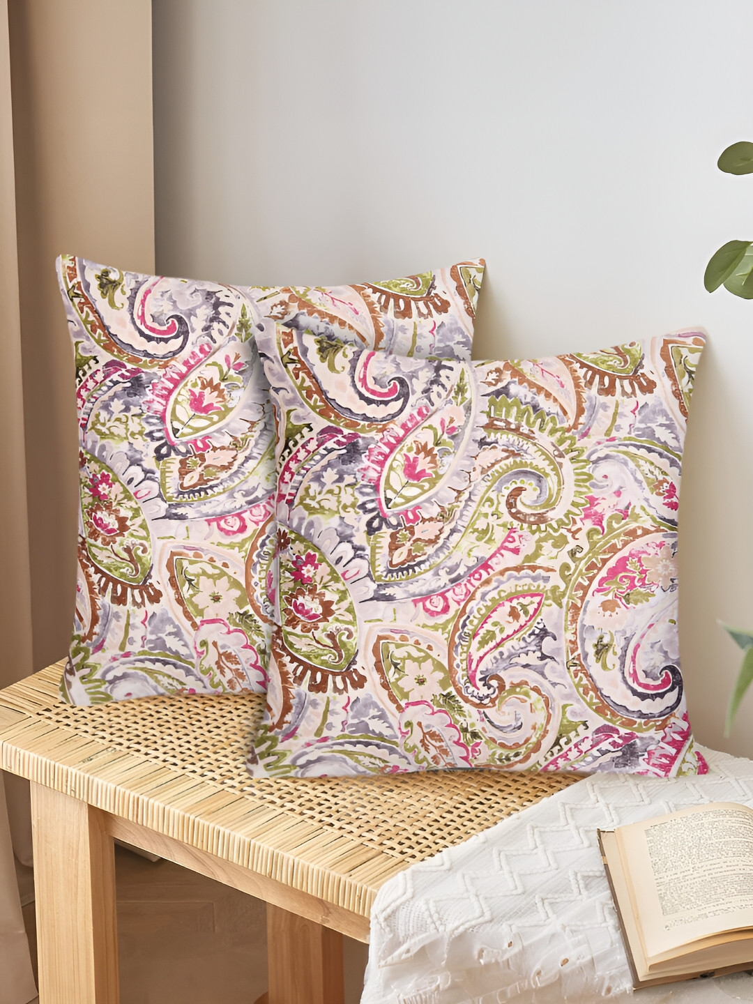 Tesmare Beige 2 Pcs Ethnic Motifs Velvet Square Cushion Covers