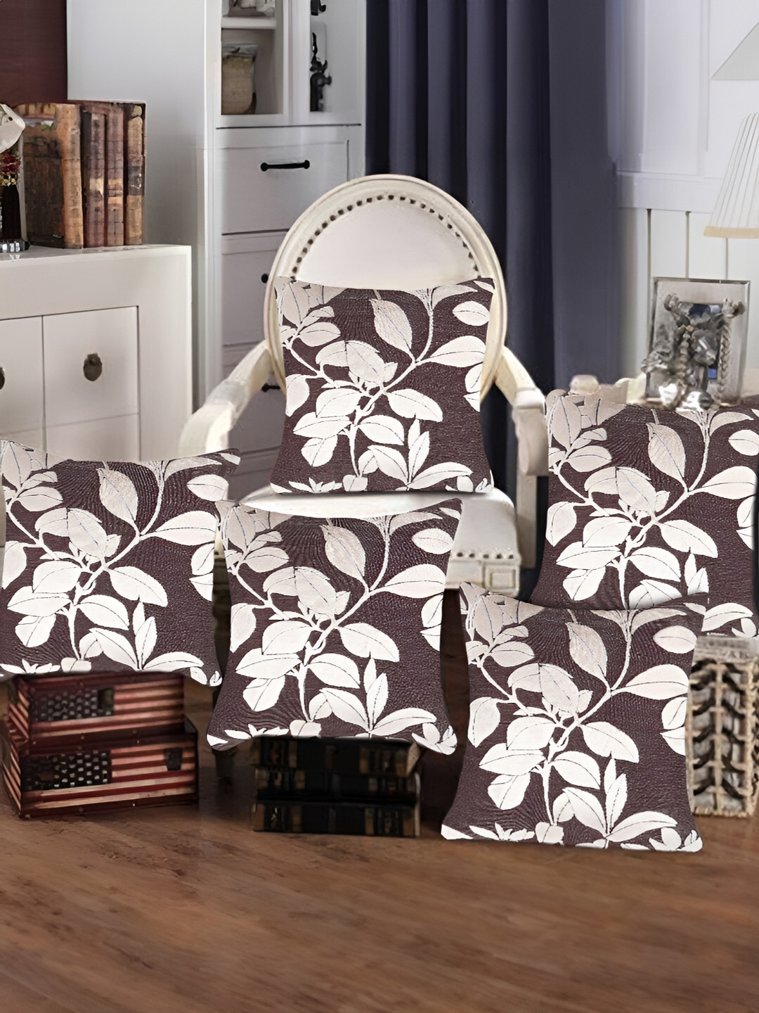 Tesmare Damask Print Brown Floral Velvet Durable 5 Piece Square Cushion Covers -16x16In