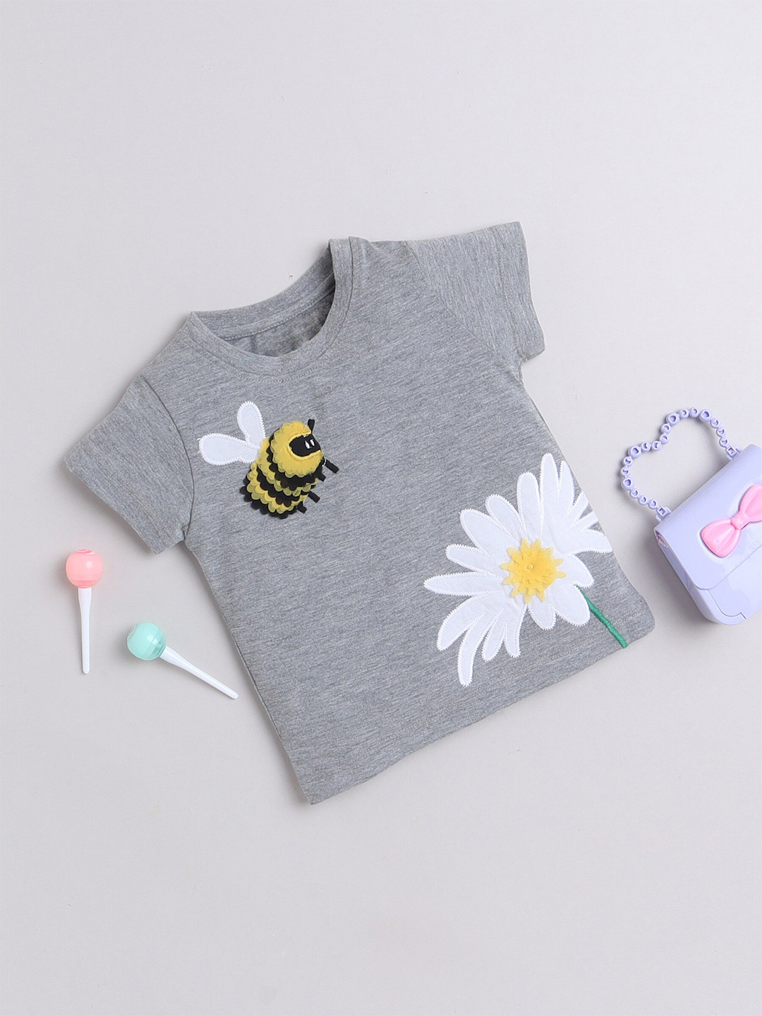 Yellow Apple Girls Applique Round-Neck T-shirt