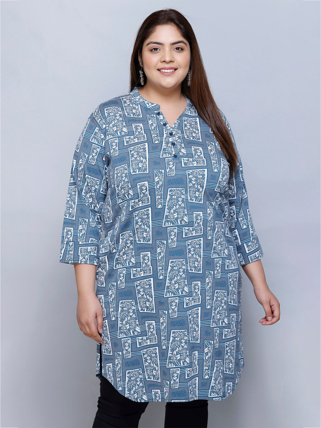 IN Love Plus Size Geometric Printed Mandarin Collar Cotton Straight Kurta