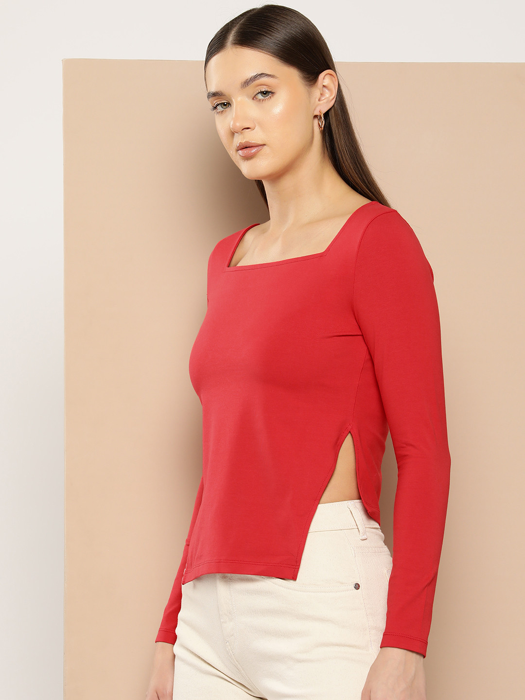 Chemistry Women Solid Long Sleeves Square Neck Top