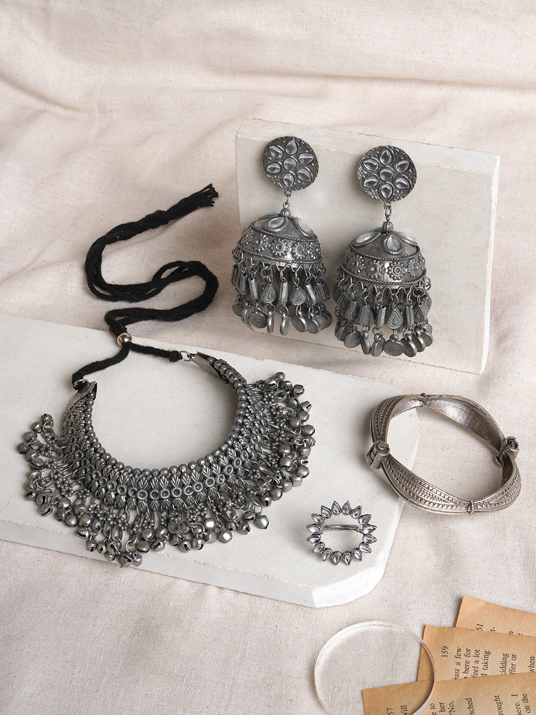 TEEJH Silver-Plated Oxidized Necklace and Earrings Set