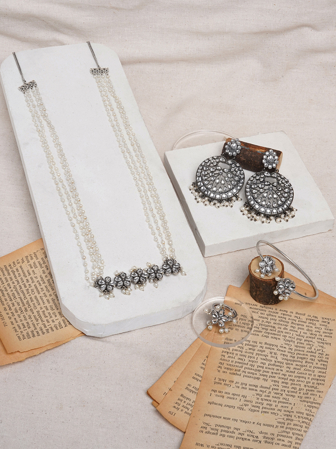 TEEJH Lothal Silver-Plated Beaded Oxidized Jewellery Set