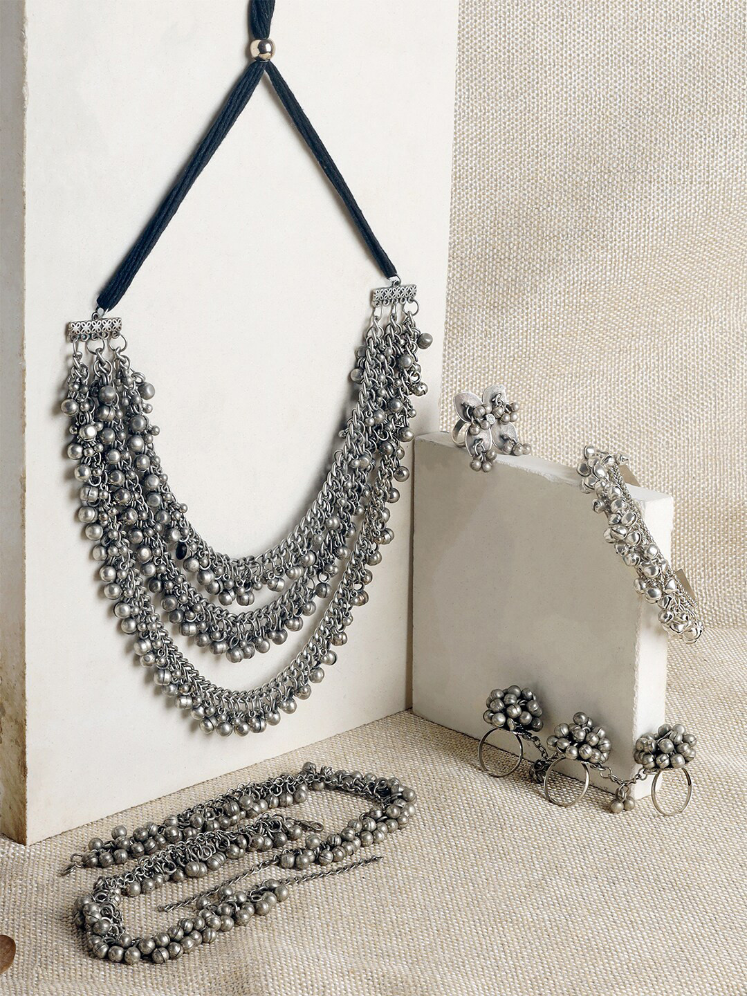 TEEJH Kamboja Silver-Plated Oxidised Jewellery Set