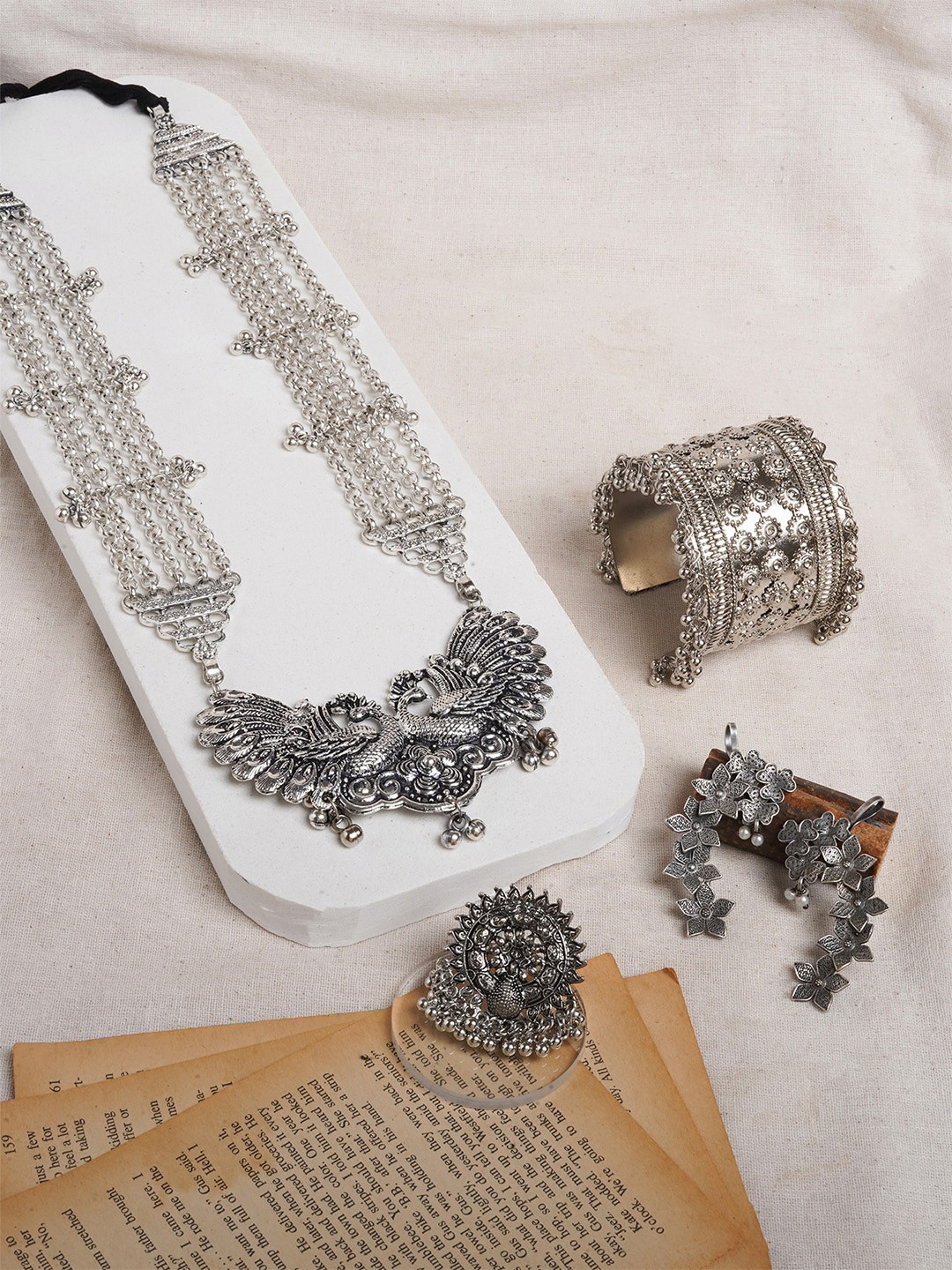 TEEJH Sravasti Silver-Plated Artificial Beads Beaded Oxidized Jewellery Set