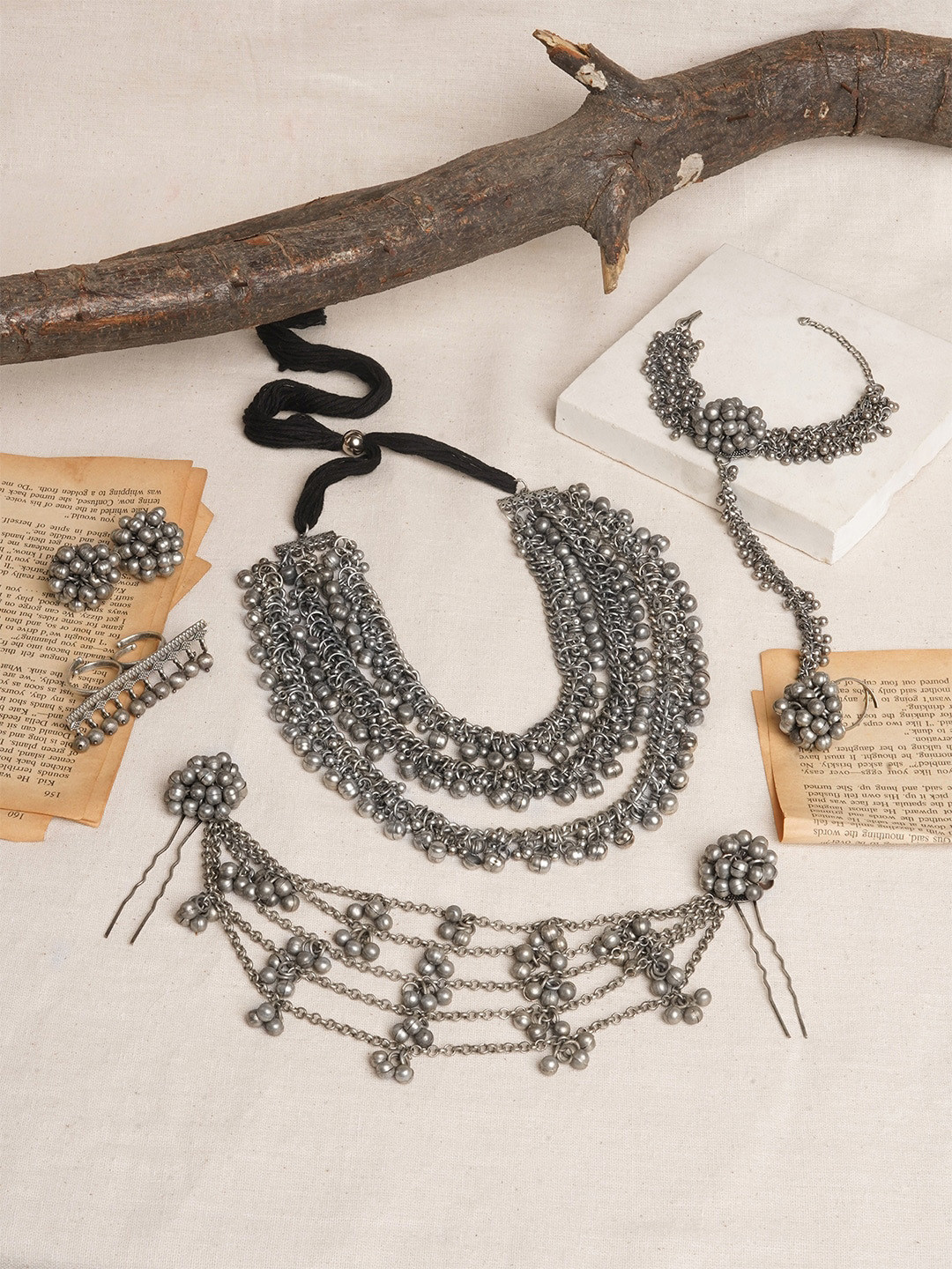 TEEJH Kakinada Silver-Plated Oxidized Jewellery Set