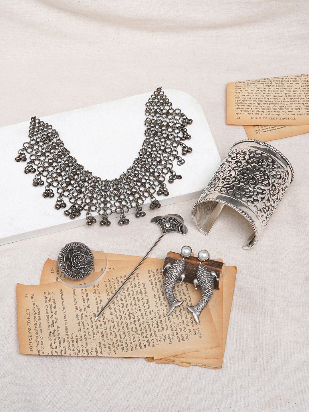 TEEJH Mahabalipuram Silver-Plated Oxidised Necklace and Earring