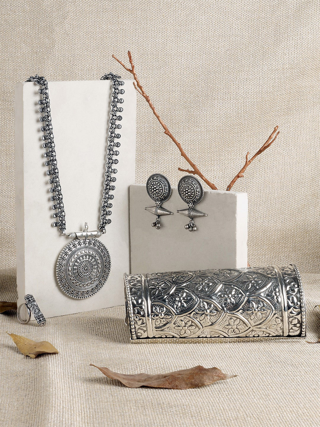 TEEJH Magadha Silver-Plated Oxidized Jewellery Set
