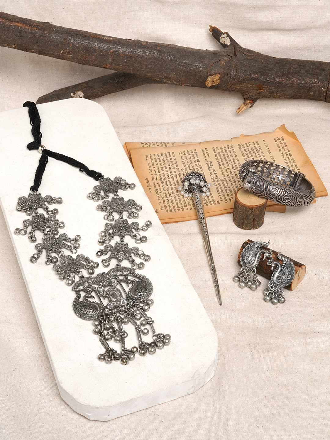 TEEJH Chittoor Silver-Plated Oxidised Necklace and Earring