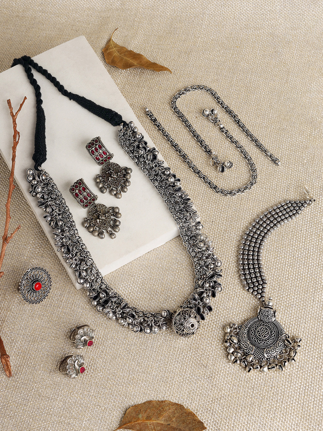 TEEJH Yadava Silver-Plated Oxidised Necklace and Earring