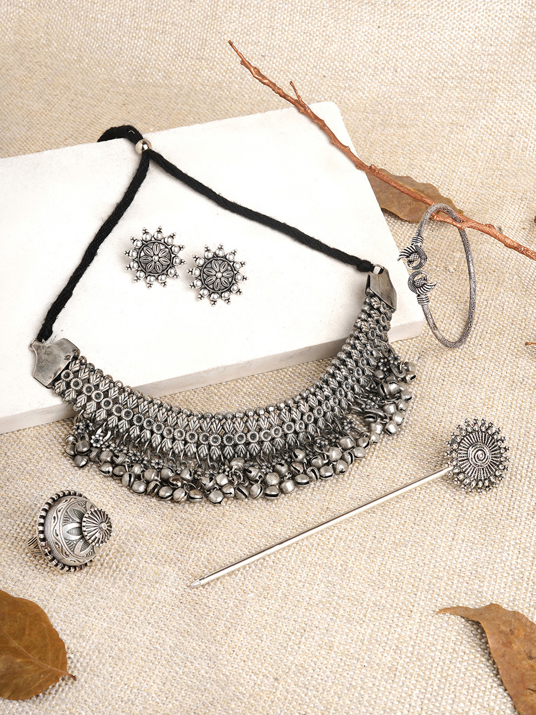 TEEJH Silver-Plated Poompuhar Oxidized STone Studded & Beaded Jewellery Set