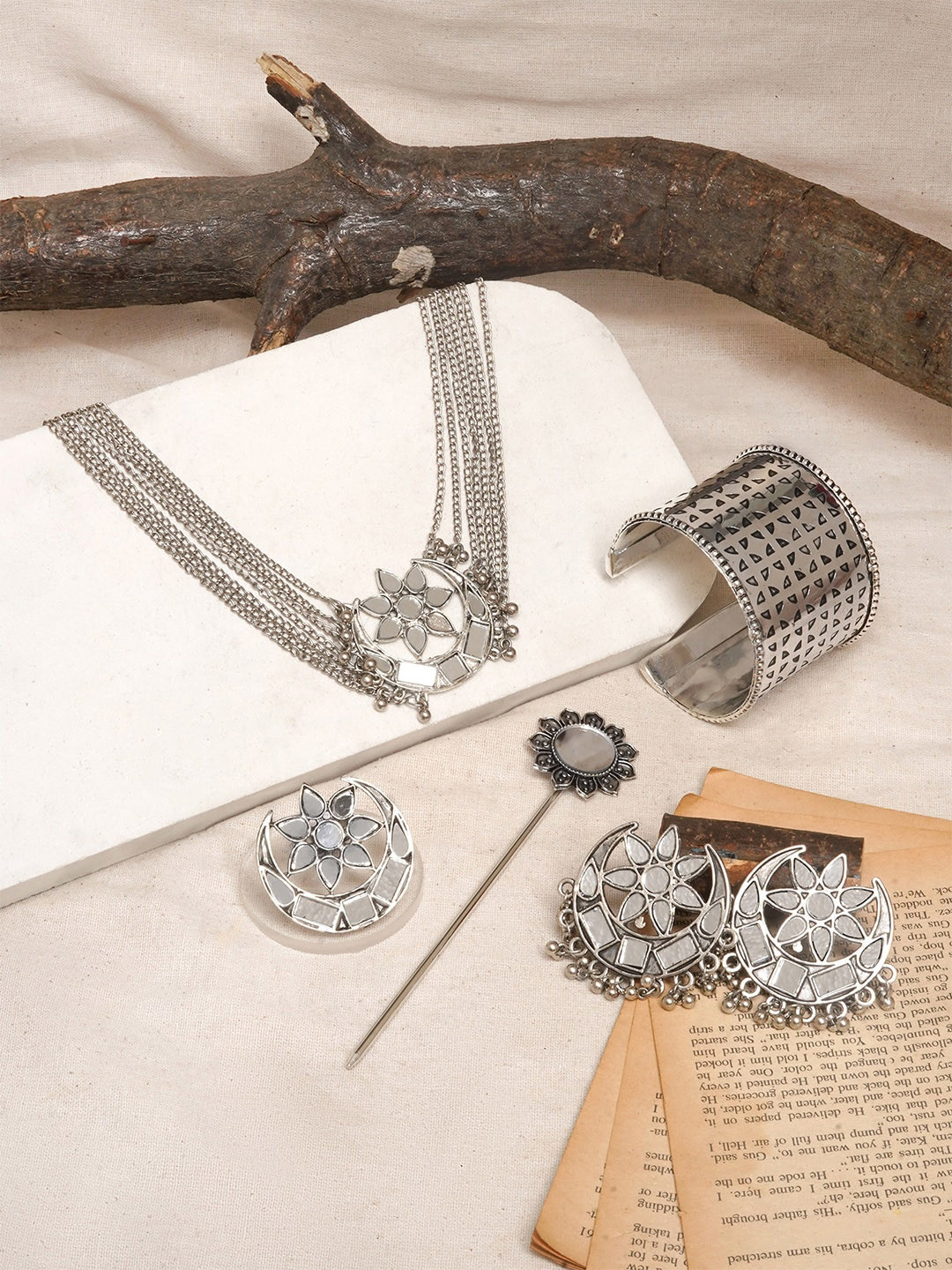 TEEJH Machilipatnam Silver-Plated Beaded Oxidised Jewellery Set