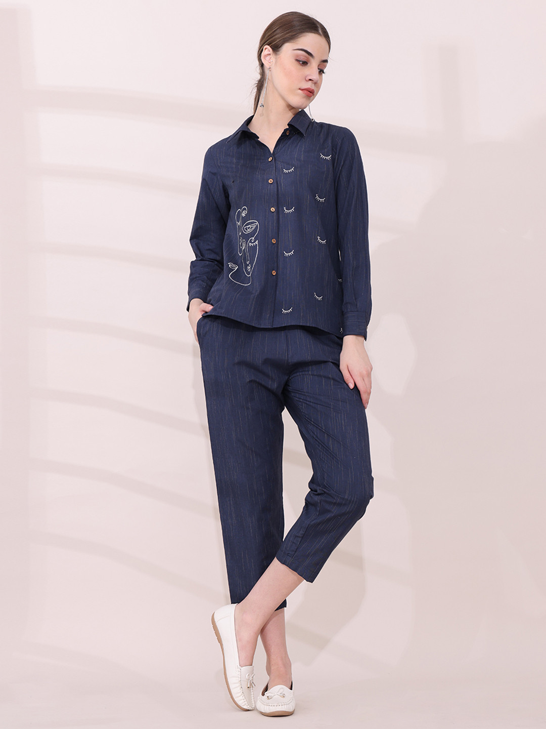 Anouk Navy Blue Embroidered Pure Cotton Shirt & Trousers Co-Ords