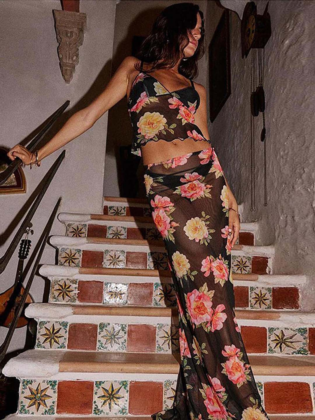 LULU & SKY Floral Printed Shoulder Strap Cami Top With Long Skirt