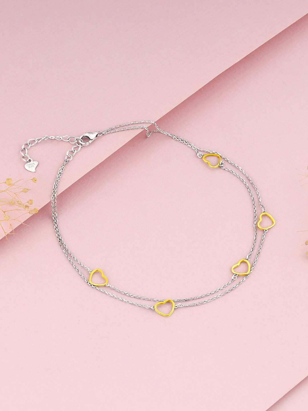 GIVA Rhodium-Plated 925 Sterling Silver Dual Tone United Hearts Anklet