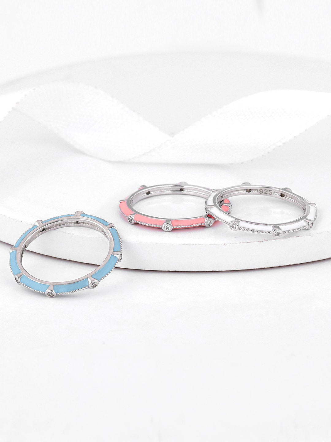 GIVA Set Of 3 925 Rhodium-Plated CZ Studded Finger Ring