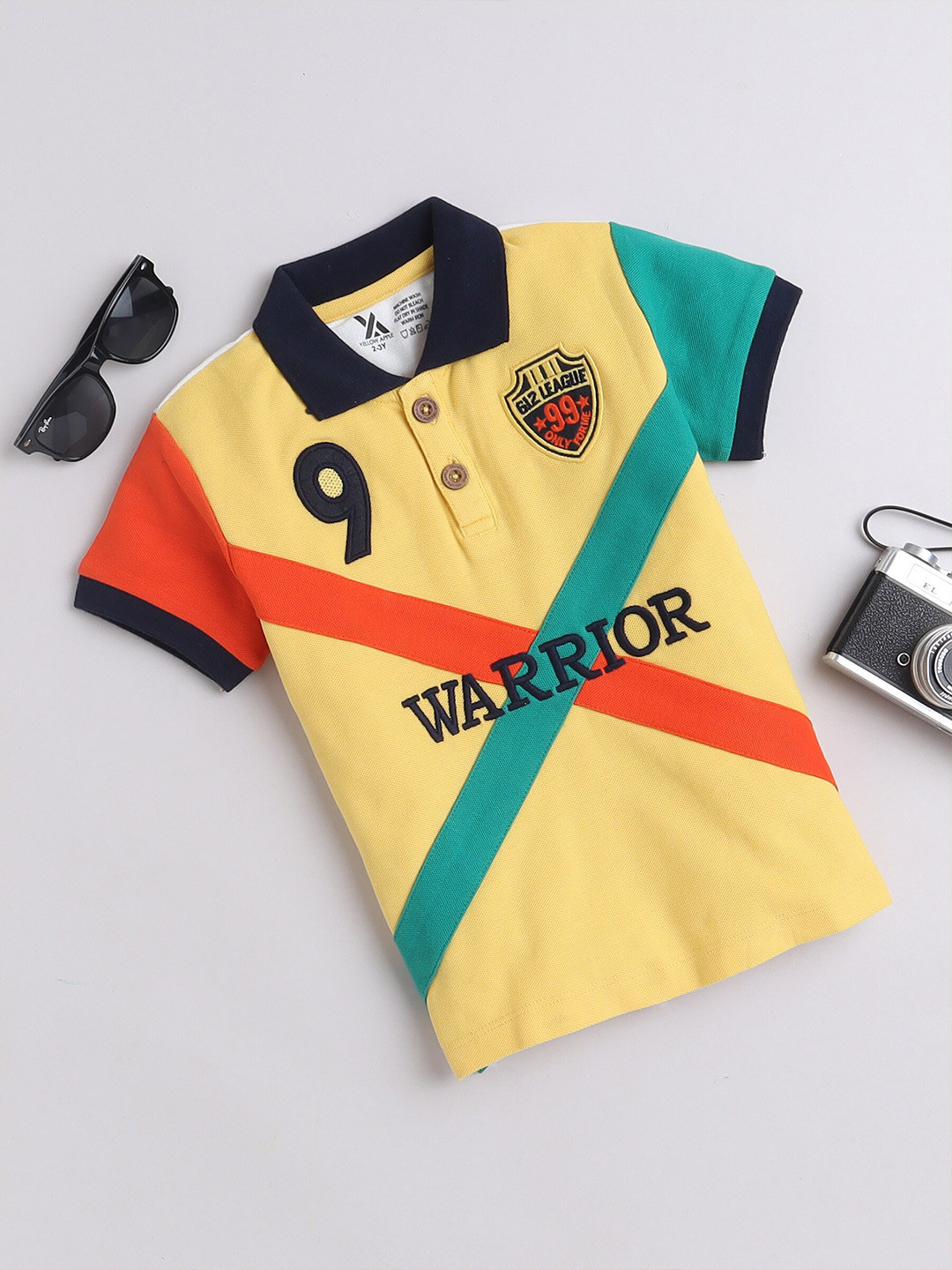 Yellow Apple Boys Colourblocked Polo Collar Cotton T-shirt