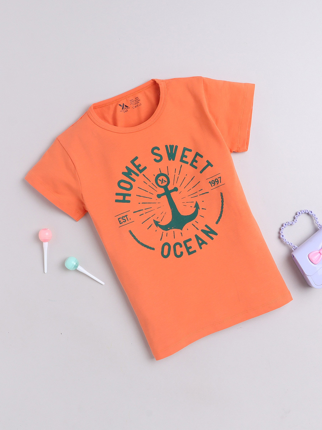 Yellow Apple Boys Typography Printed Round-Neck T-shirt