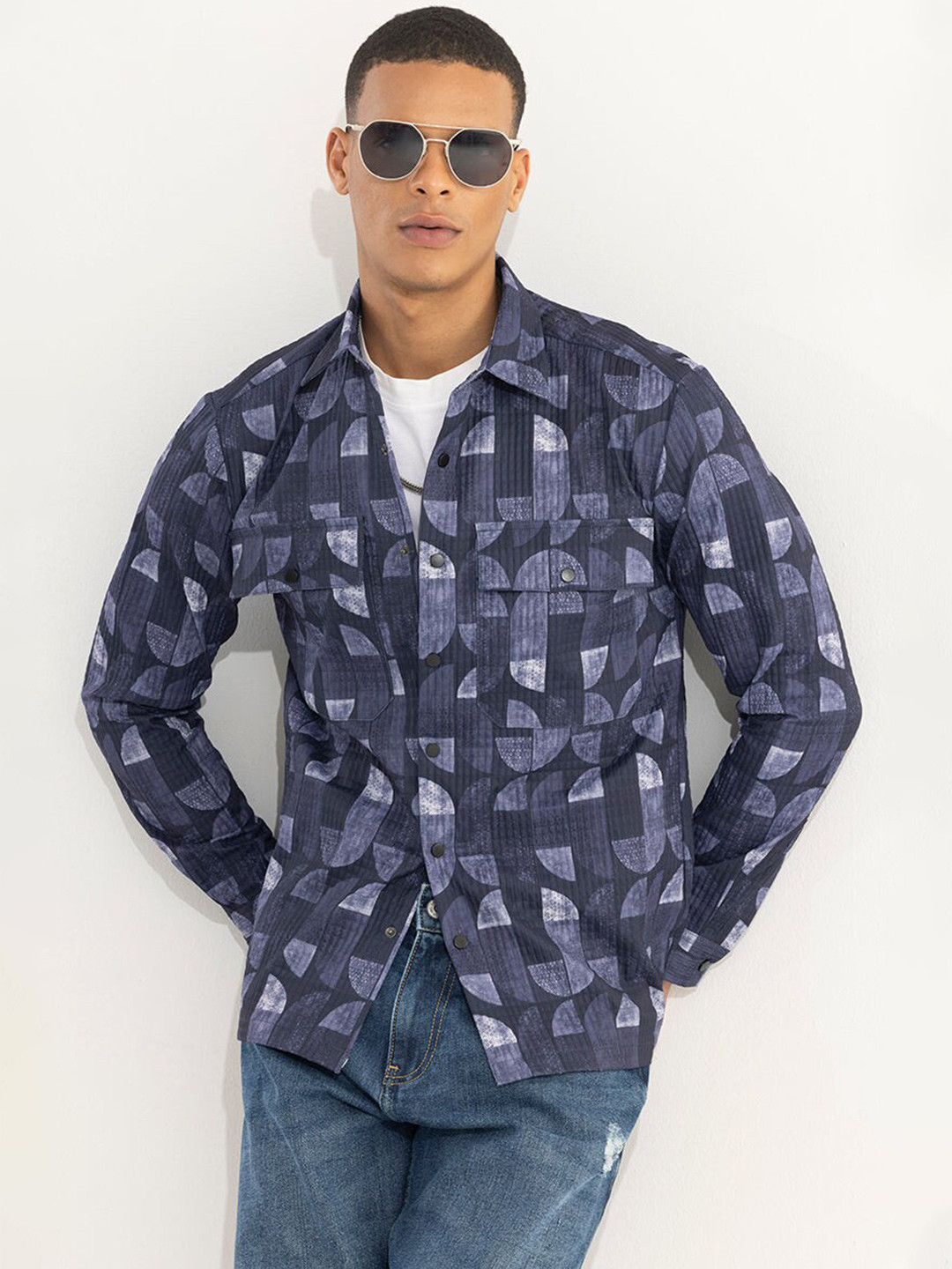 Snitch Navy Blue Classic Tailored Fit Geometric Printed Spread Collar Casual Shacket