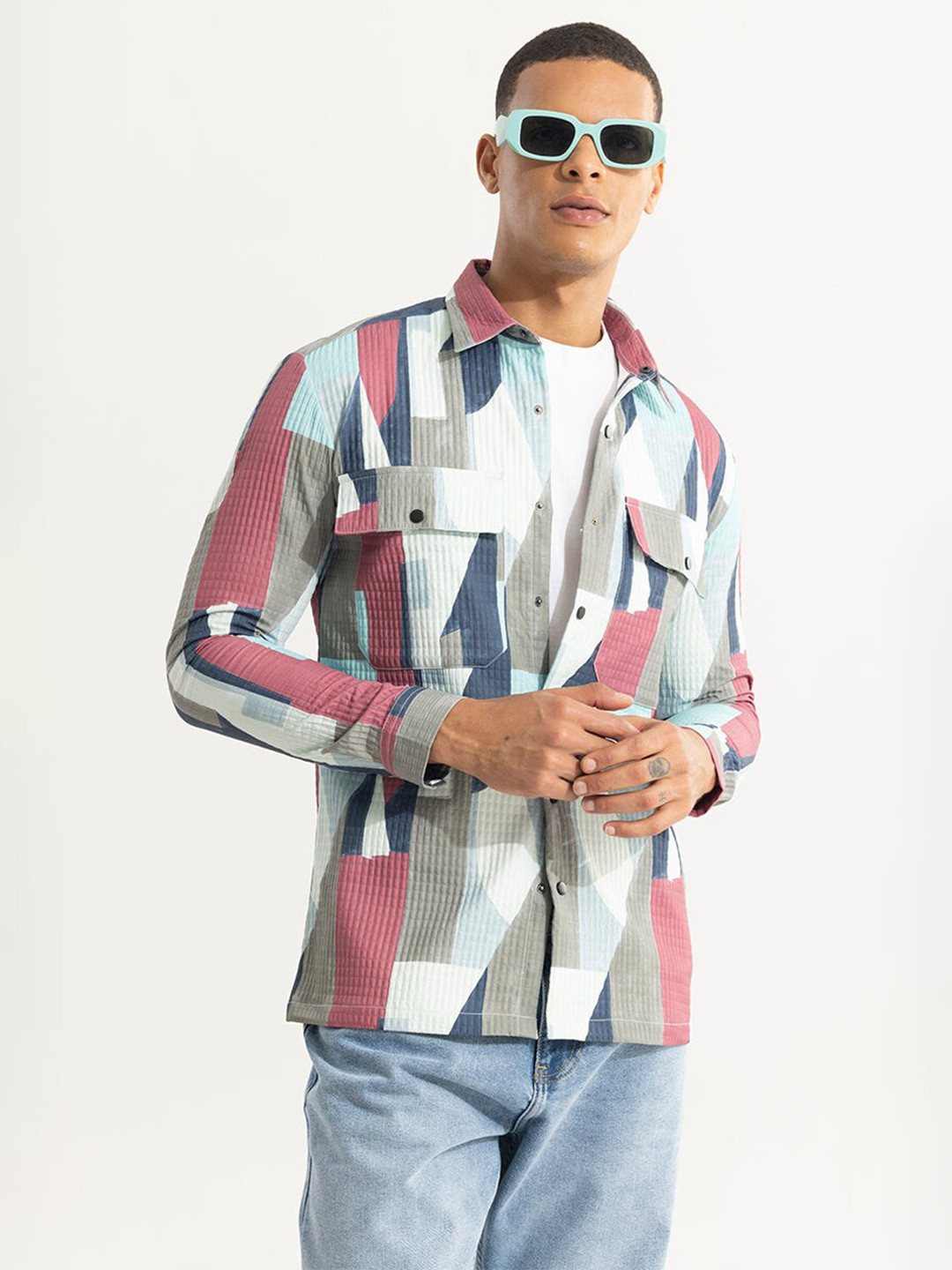 Snitch Pink Classic Tailored Fit Geometric Printed Spread Collar Casual Shacket