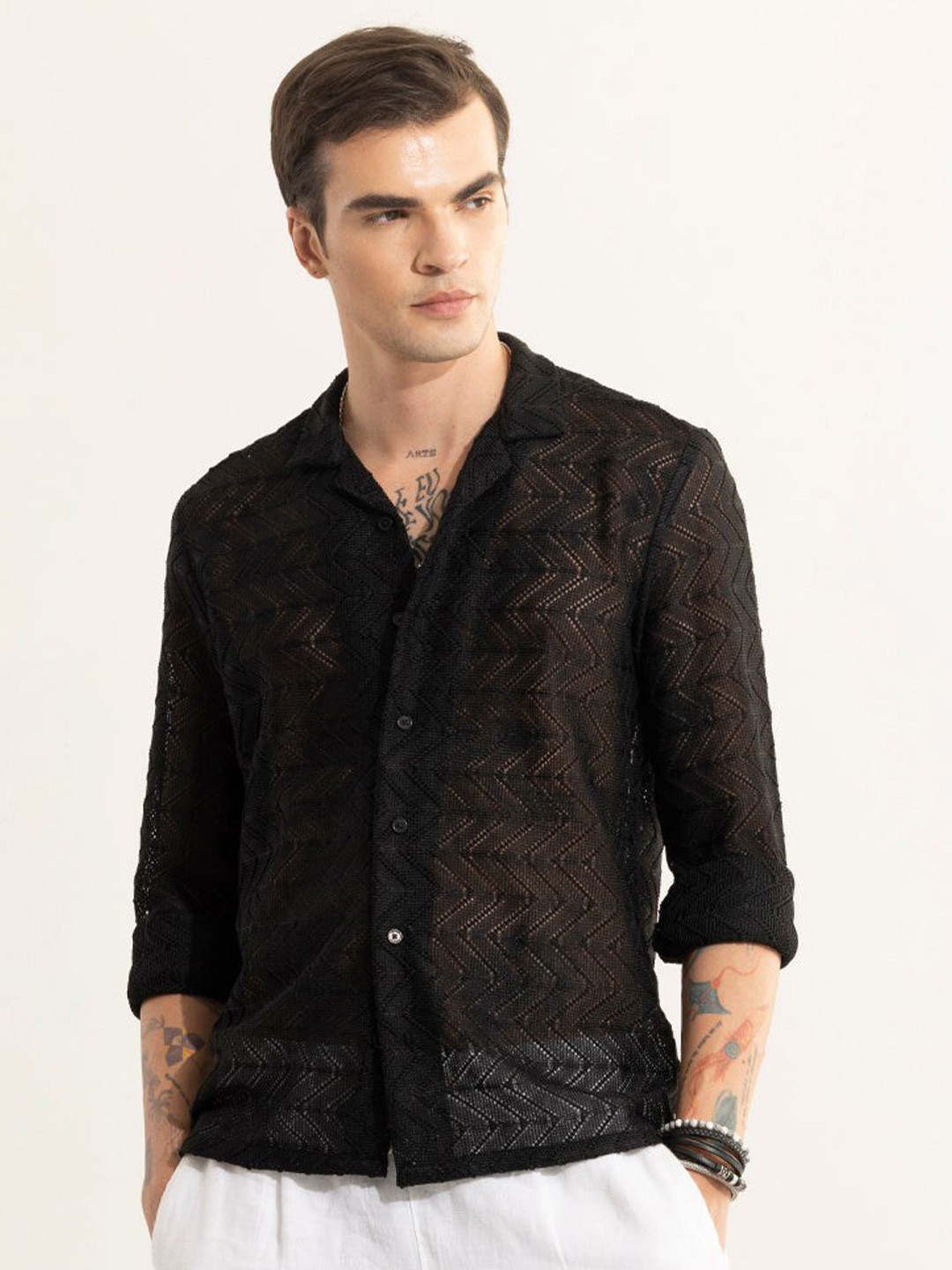 Snitch Black Classic Self Designed Cuban Collar Casual Shirt