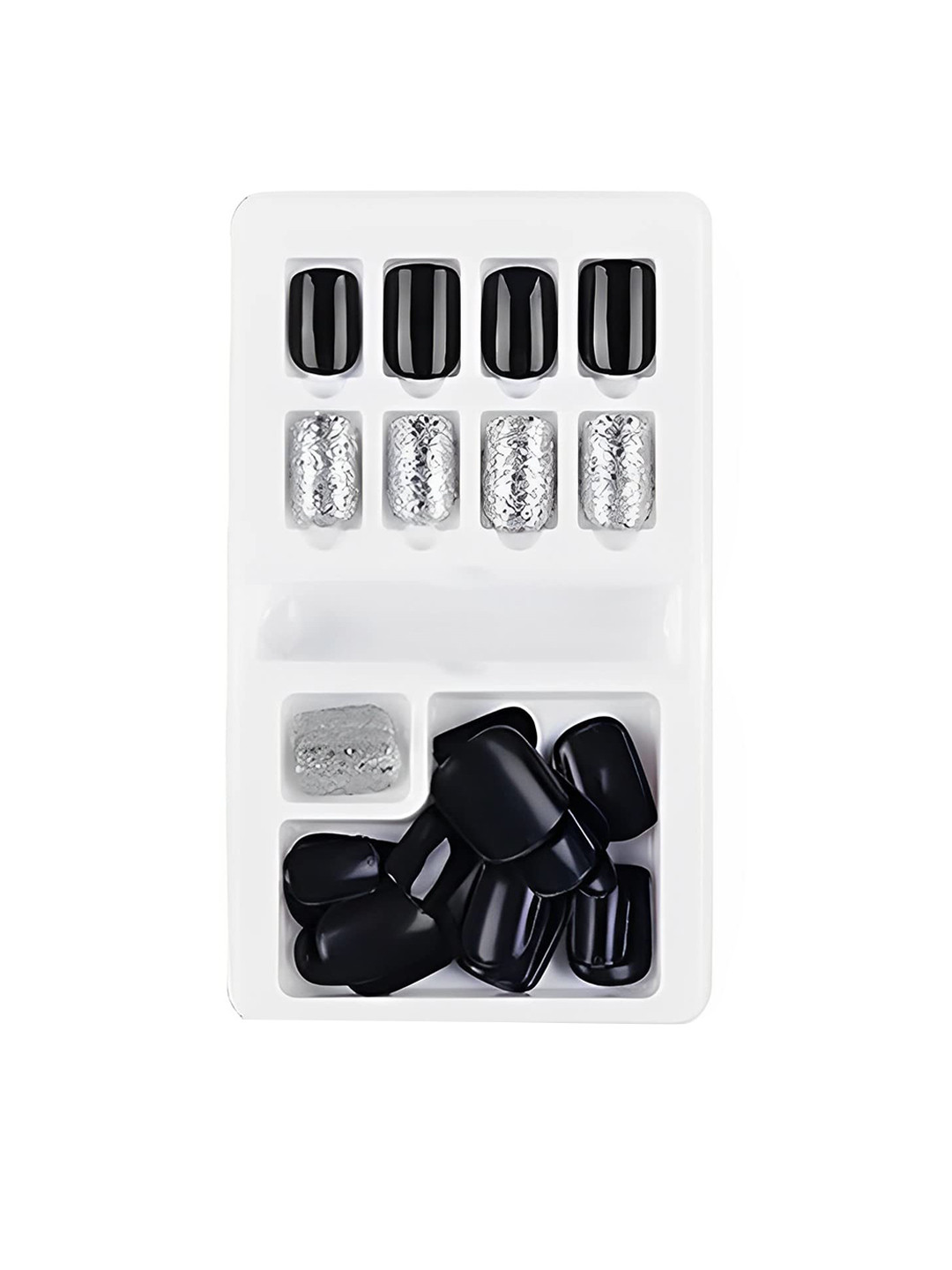SYGA 30Pcs Long-Lasting Press-On Artificial Nails - Black & Silver F635-20
