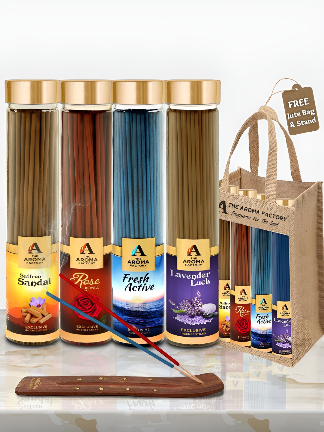 The Aroma Factory Green & Blue 4 Pieces Sandal, Rose, Fresh ,Lavender Incense Agarbattis