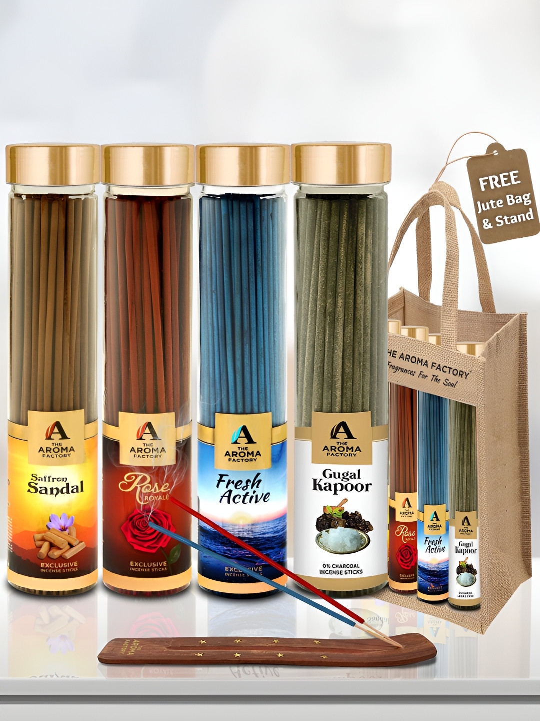 The Aroma Factory Green 4 Pieces Chandan, Rose, Fresh, Kapoor Incense Agarbattis