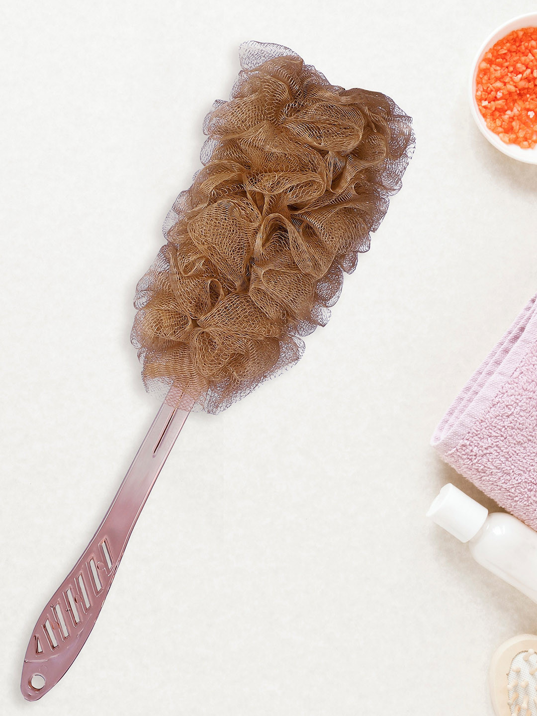 KAZARMAA Soft Nylon Mesh Bath Brush With Long Handle - Brown