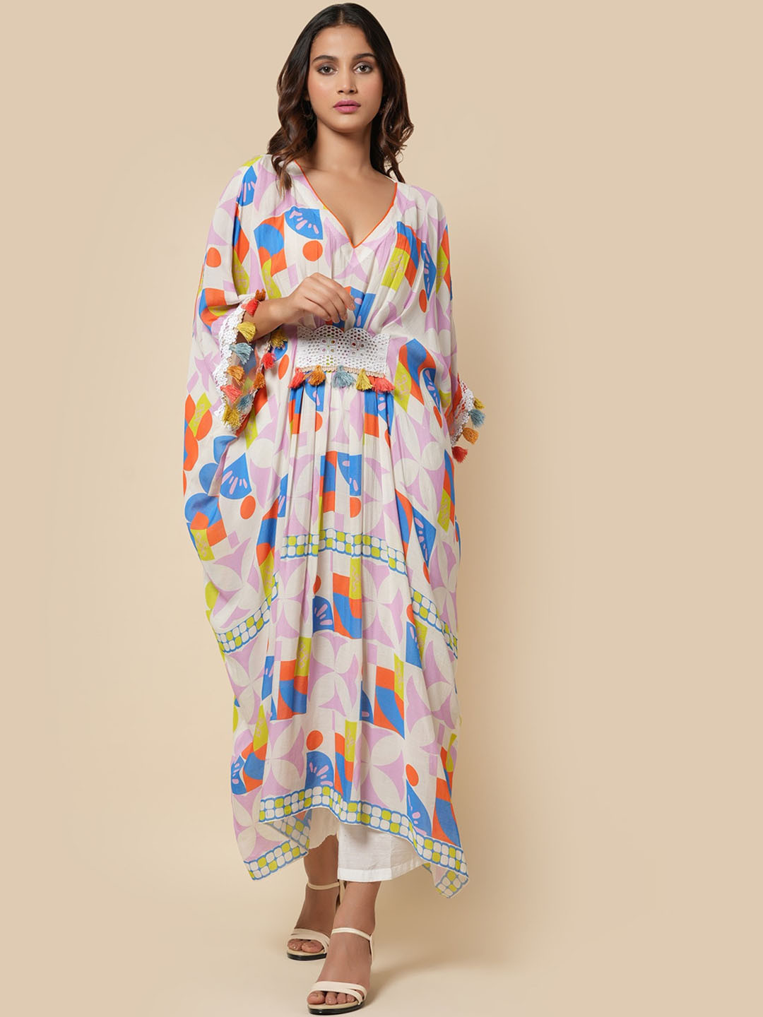 YELLOW PARROT Ethnic Motifs Printed Kimono Sleeves Cotton Kaftan Kurta
