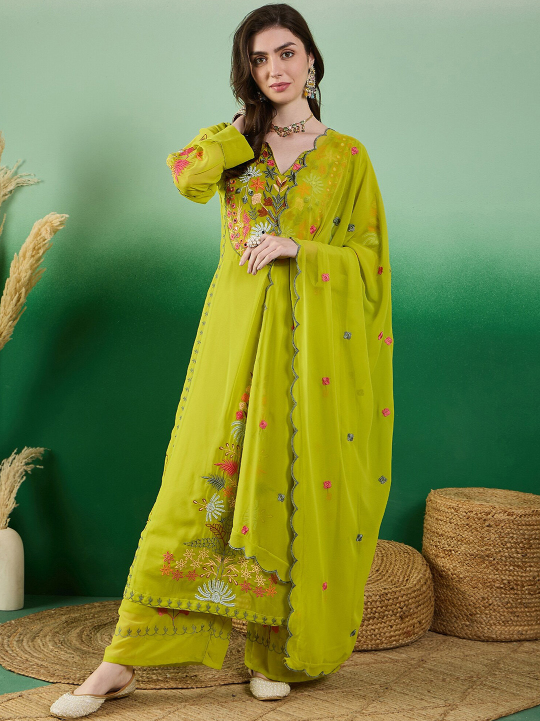 SERONA FABRICS Ethnic Motifs Embroidered Thread Work Kurta with Palazzos & With Dupatta