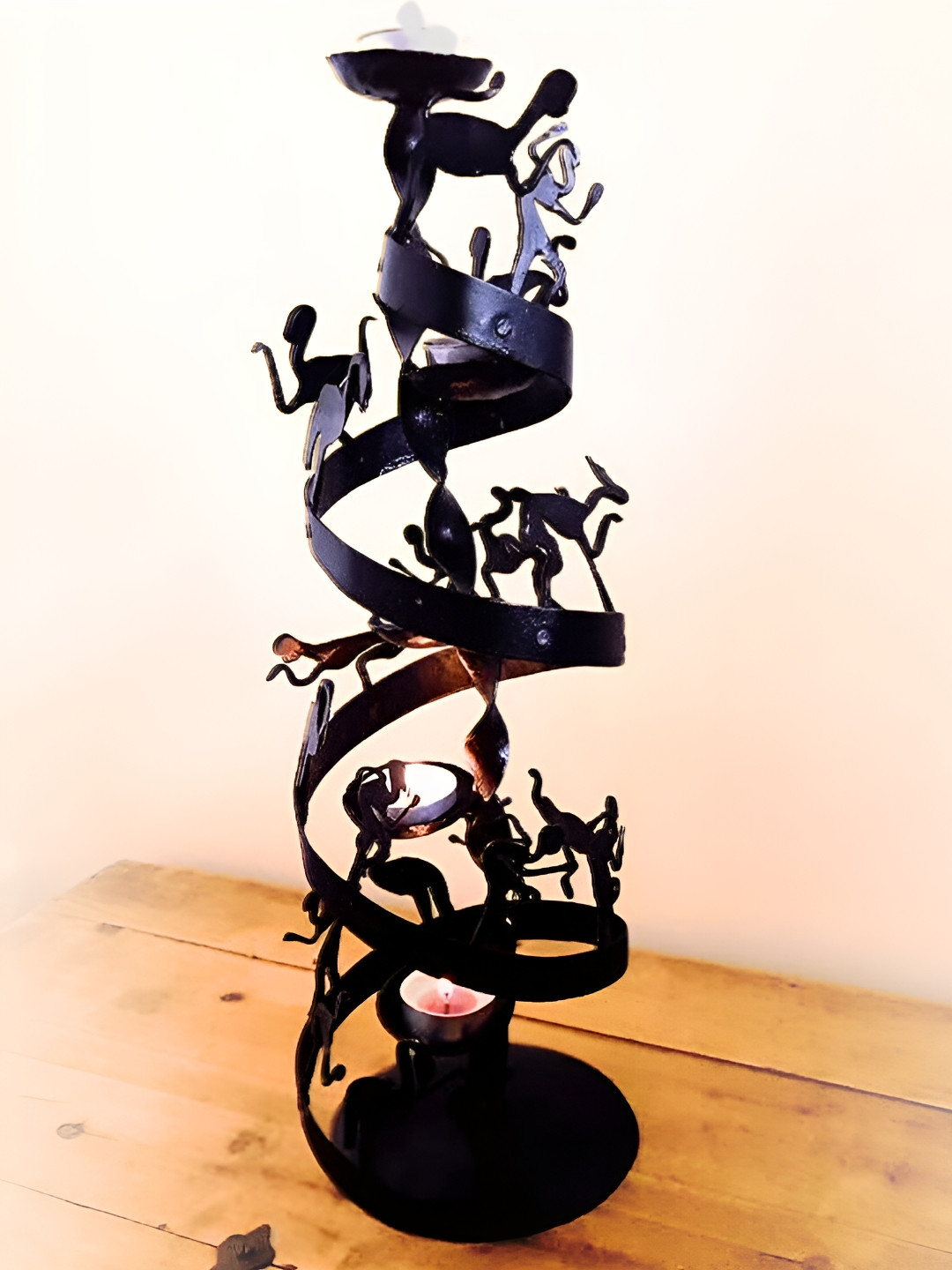 Peepul Tree Spiral Tealight Holder Black Metal Metallic Living Room Hand Made Large Showpiece - 16.9 Inches