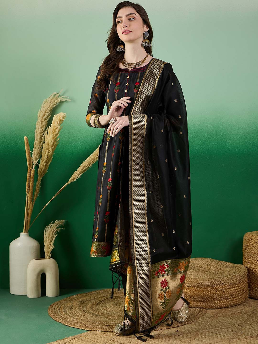 SERONA FABRICS Floral Woven Design Regular Chanderi Cotton Kurta with Trousers & Dupatta