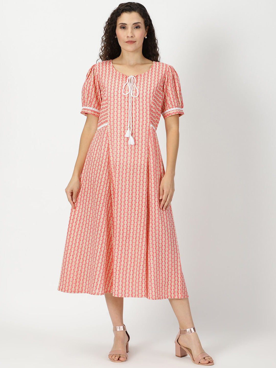 Saffron Threads Abstract Printed Puff Sleeves Pure Cotton A-Line Midi Ethnic Dress