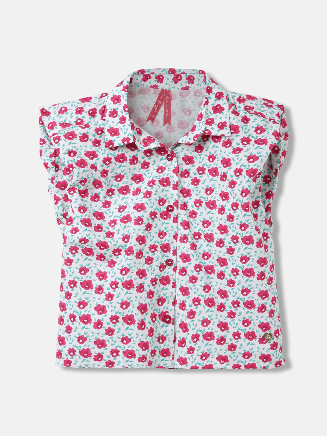 Blue Giraffe Girls Floral Print Flutter Sleeve Cotton Top